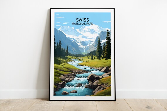 Swiss National Park Snowy Peaks Valley Retro Travel Poster Art