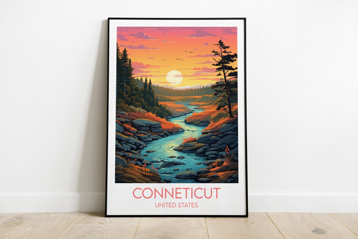 Connecticut United States Forest River Sunset Wilderness Travel Poster