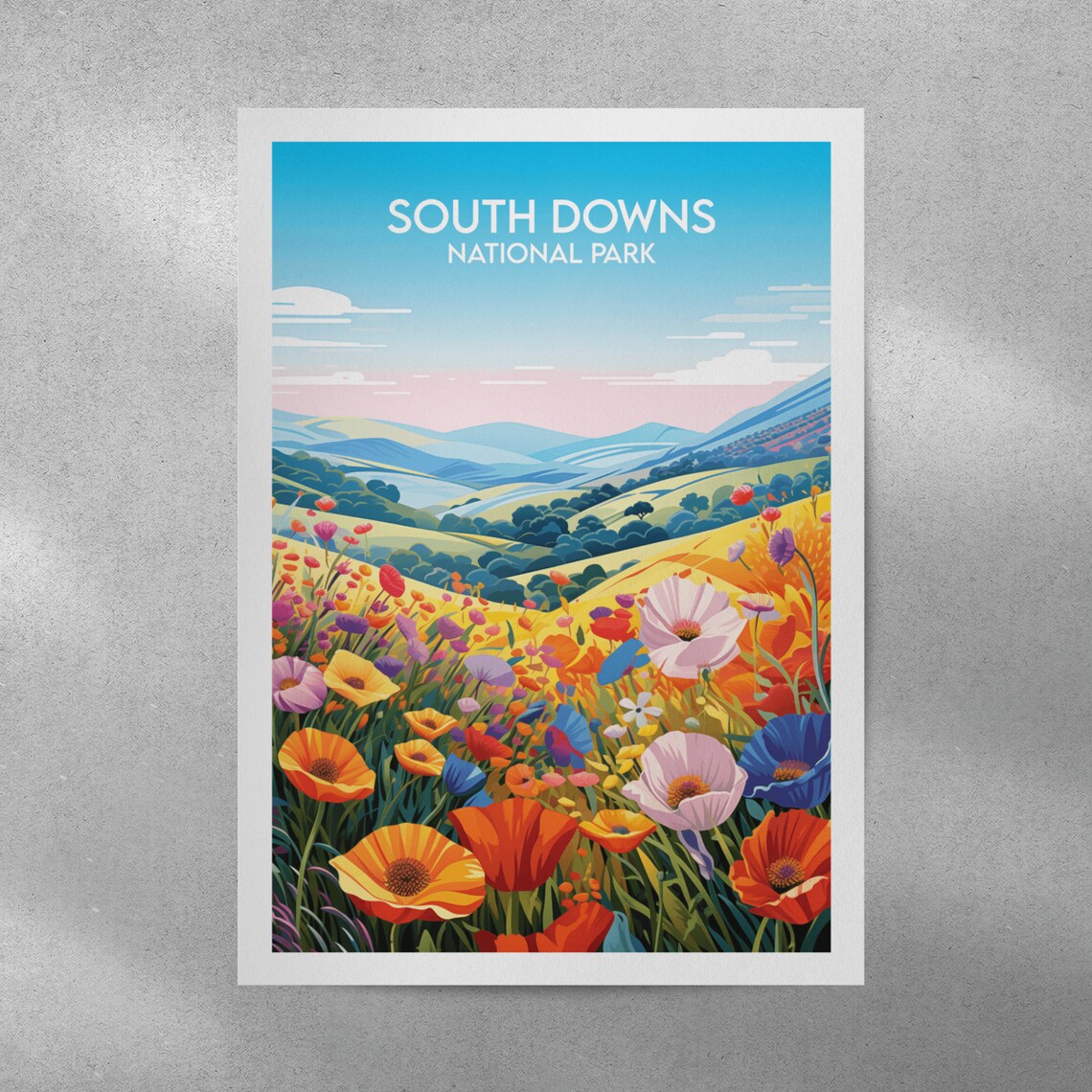 South Downs National Park England Wildflower Meadow Vintage Travel Print - Image 4