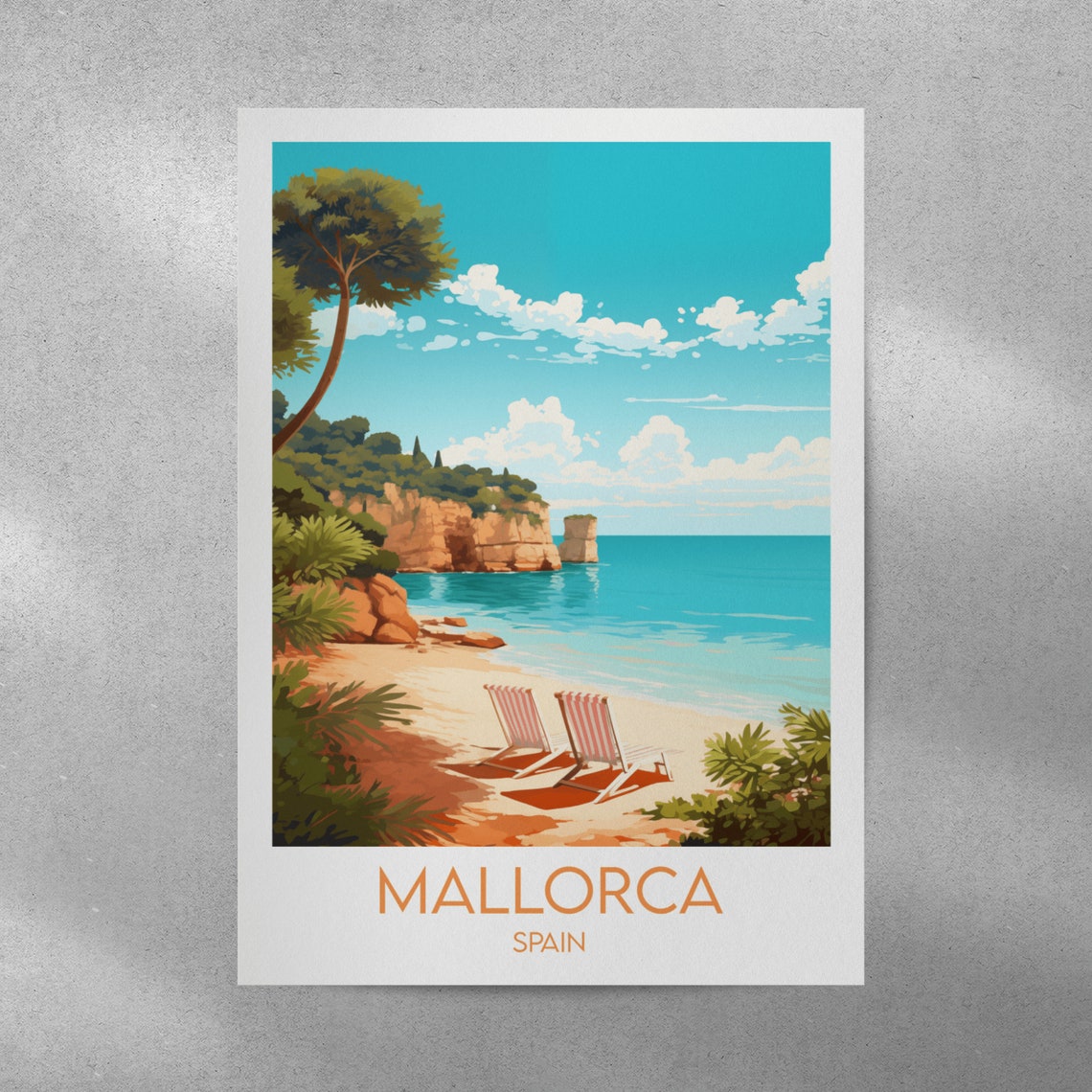 Mallorca Spain Sunlit Beach Deck Chairs Seaside Travel Art Poster - Image 5