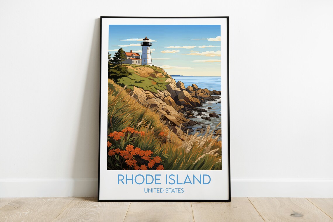 Rhode Island Lighthouse Rocky Coast Wildflowers Travel Poster
