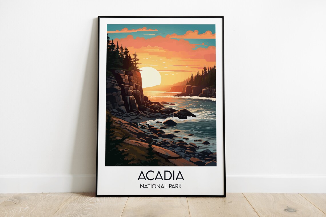 Acadia National Park Maine Sunset Rocky Coastline Art Poster