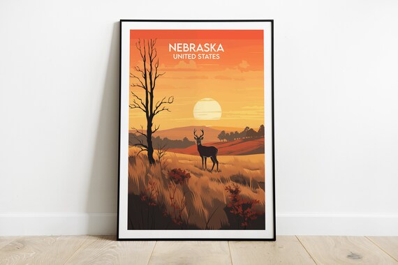 Nebraska Sunset Deer Silhouette in Golden Prairie Grass Poster