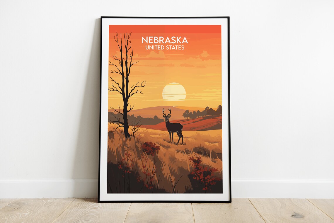 Nebraska Sunset Deer Silhouette in Golden Prairie Grass Poster