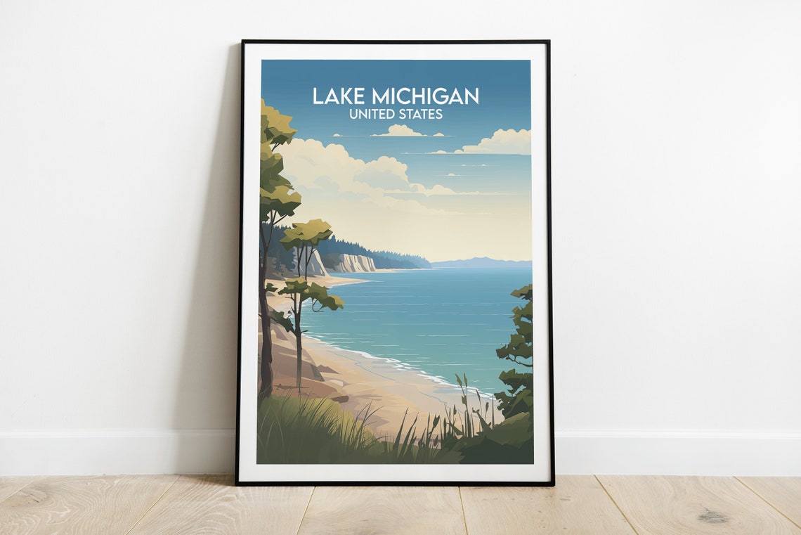 Lake Michigan United States Beach Cliffs Retro Travel Art Poster