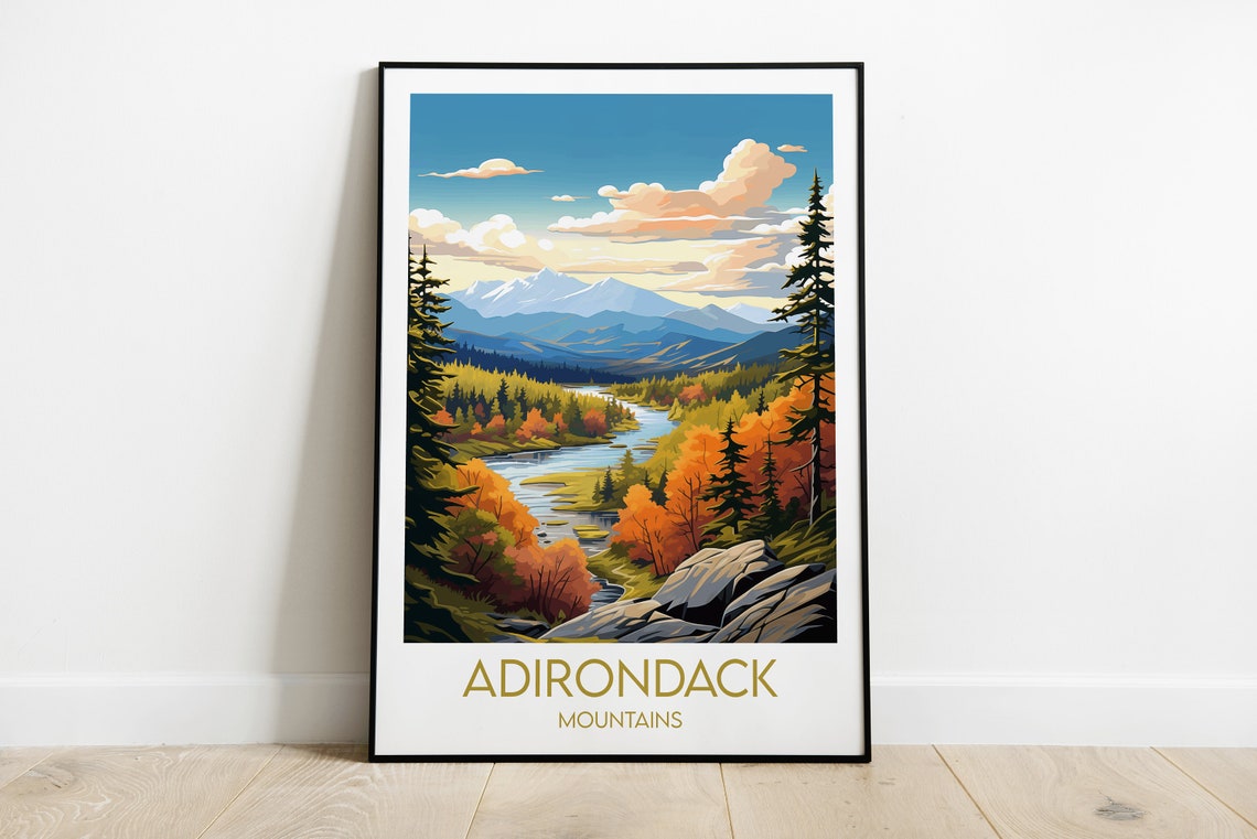 Adirondack Mountains Fall River Valley Landscape Travel Poster