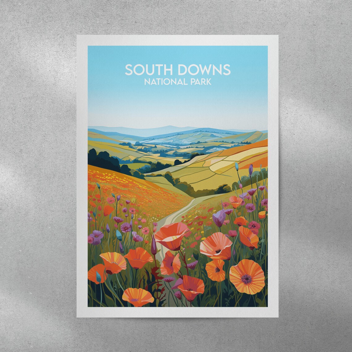 South Downs National Park England Poppy Field Hills Vintage Travel Print - Image 4