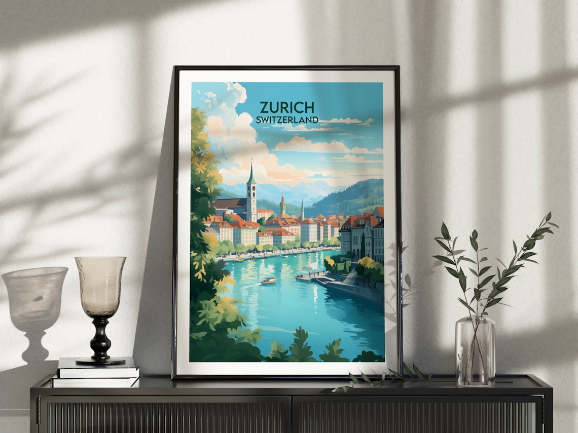 Zurich Switzerland Old Town River Spires Hills View Travel Poster - Image 4