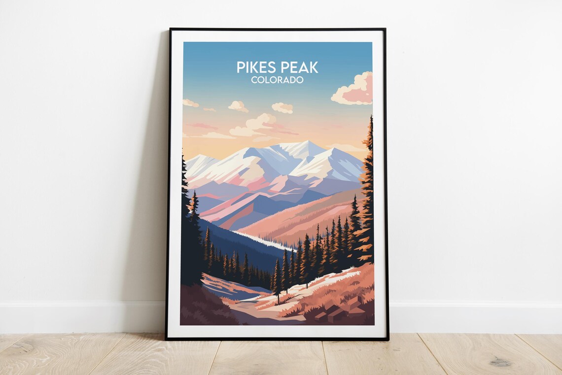 Pikes Peak Colorado Snowy Sunset Mountains Retro Travel Poster