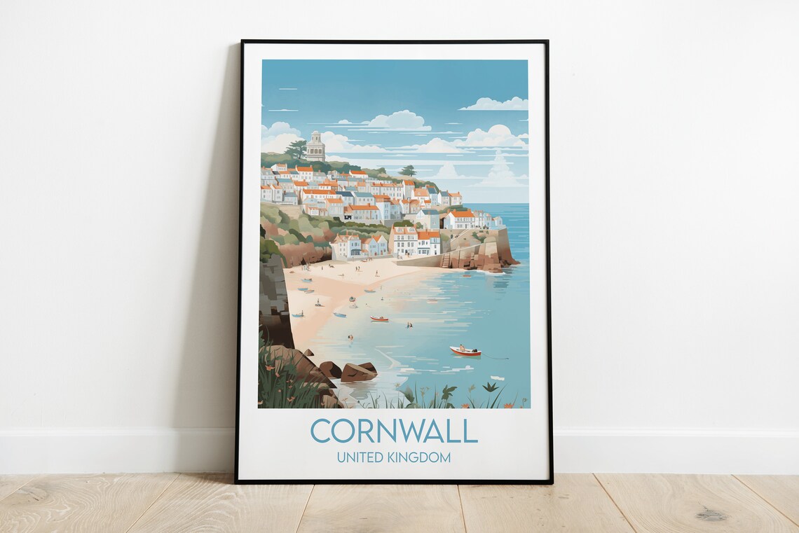 Cornwall United Kingdom Coastal Town Beach Vintage Travel Art Poster