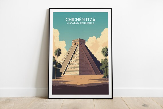 Chichen Itza Mexico Yucatan Peninsula Pyramid Vintage Travel Poster