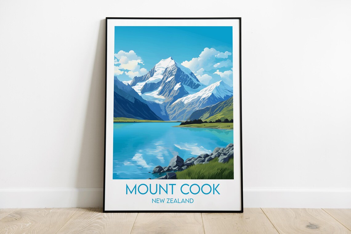 Mount Cook New Zealand Turquoise Lake Alpine Peak Travel Poster