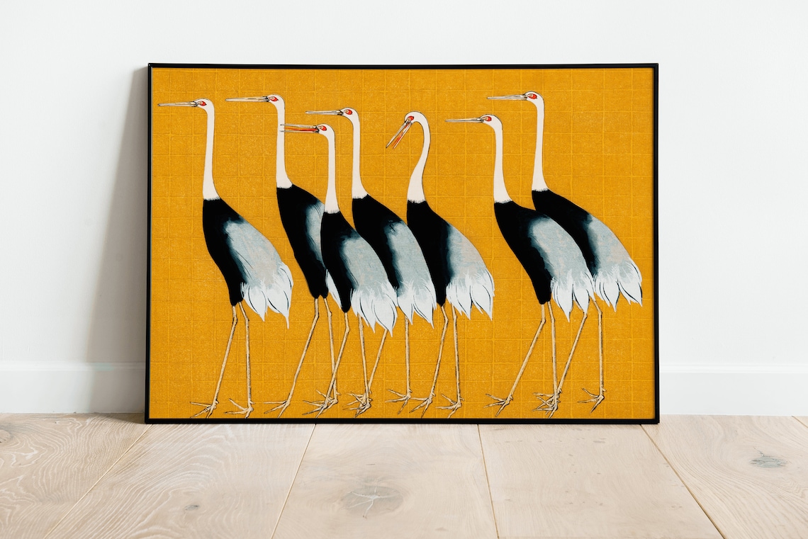 Japanese Golden Crowned Crane Flock Borderless Graphic Art Poster