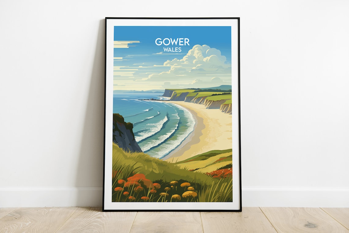 Gower Wales Coastal Beach Cliffs Retro Vintage Travel Poster
