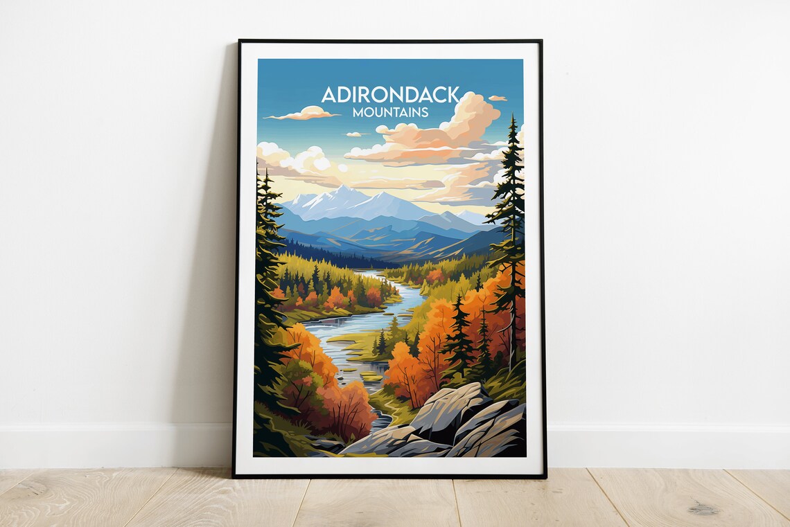Adirondack Mountains Autumn Valley River Fall Colors Travel Poster