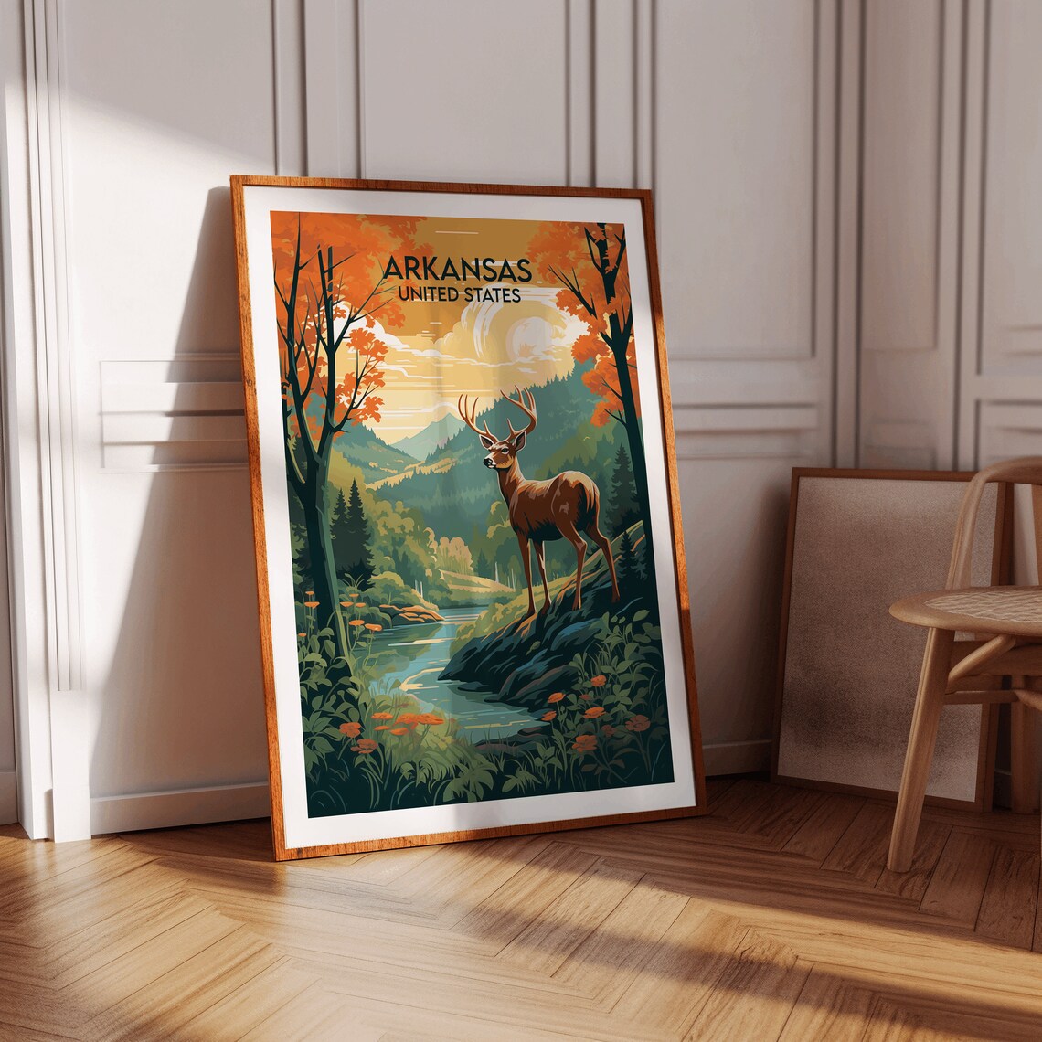 Arkansas United States Autumn Deer Forest River Retro Travel Poster - Image 2