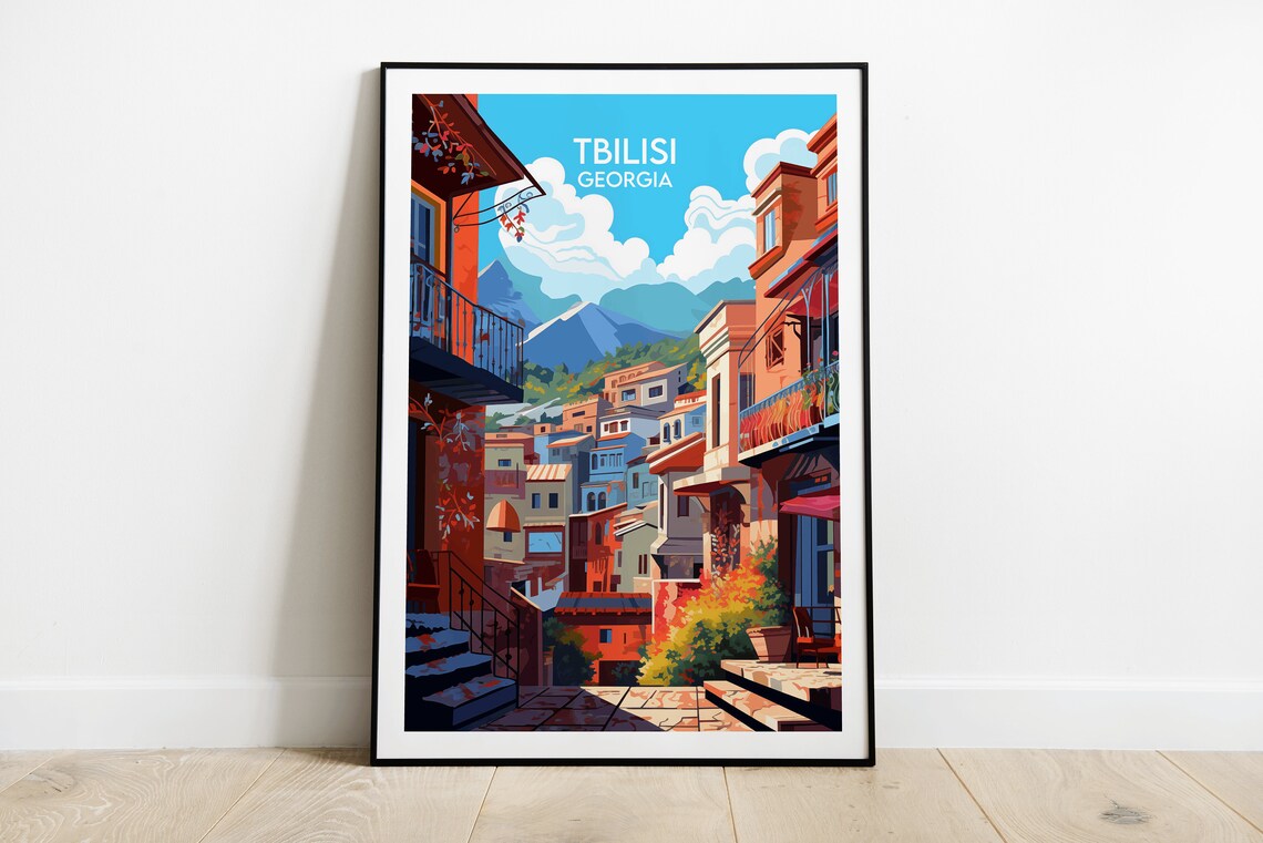 Tbilisi Georgia Old Town Carved Balconies Retro Travel Poster Art