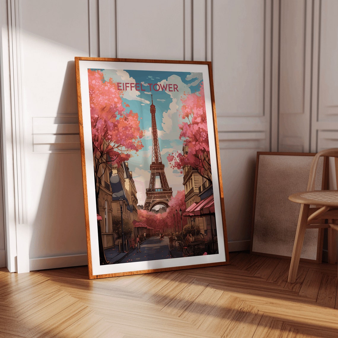Eiffel Tower Paris Pink Cherry Blossom Street Cafe Spring Poster - Image 2