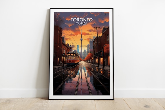 Toronto Canada Streetcar Street Scene With CN Tower At Sunset Travel Poster
