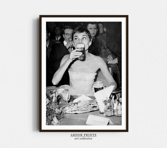 Audrey Hepburn Sipping Beer Wall Art Woman Drinking Beer At Party Black And White Print Vintage Photo Old Hollywood Retro Wall Decor