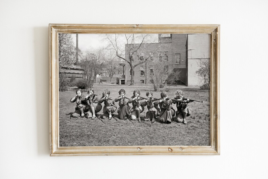 Girls Rifle Team Aiming Rifles Vintage Black And White Photo Poster - Image 3