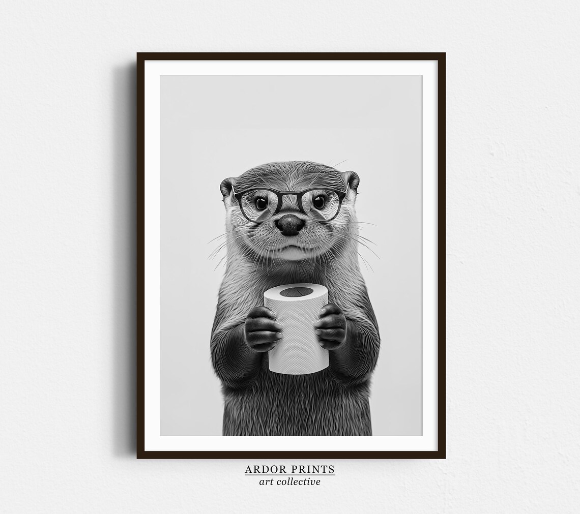 Funny Otter Wearing Glasses Holding Toilet Paper Black White Poster