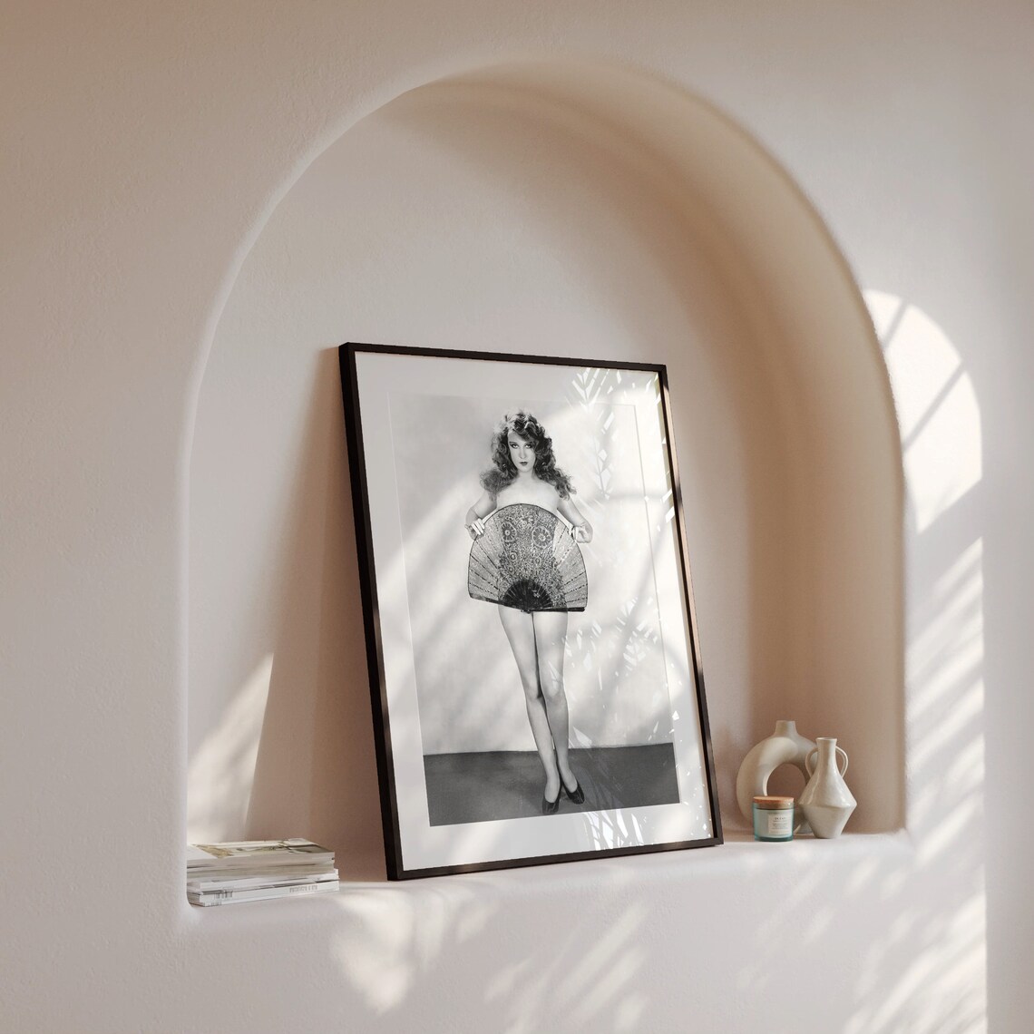 Flapper Girl Holding Large Ornate Fan Vintage Black and White Poster - Image 4