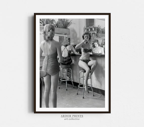 Vintage Women in Swimsuits Drinking at Bar Black and White Poster