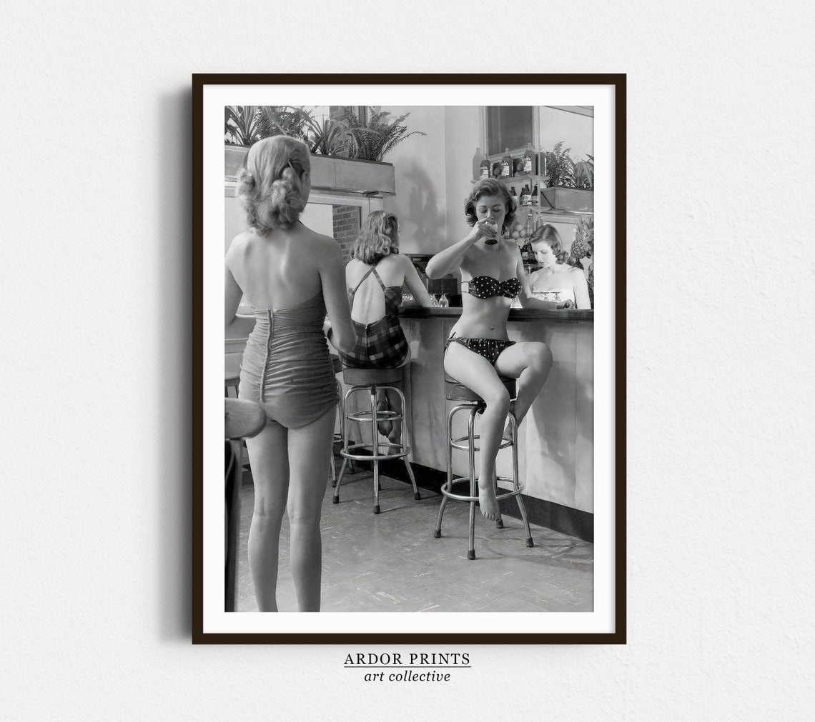 Vintage Women in Swimsuits Drinking at Bar Black and White Poster