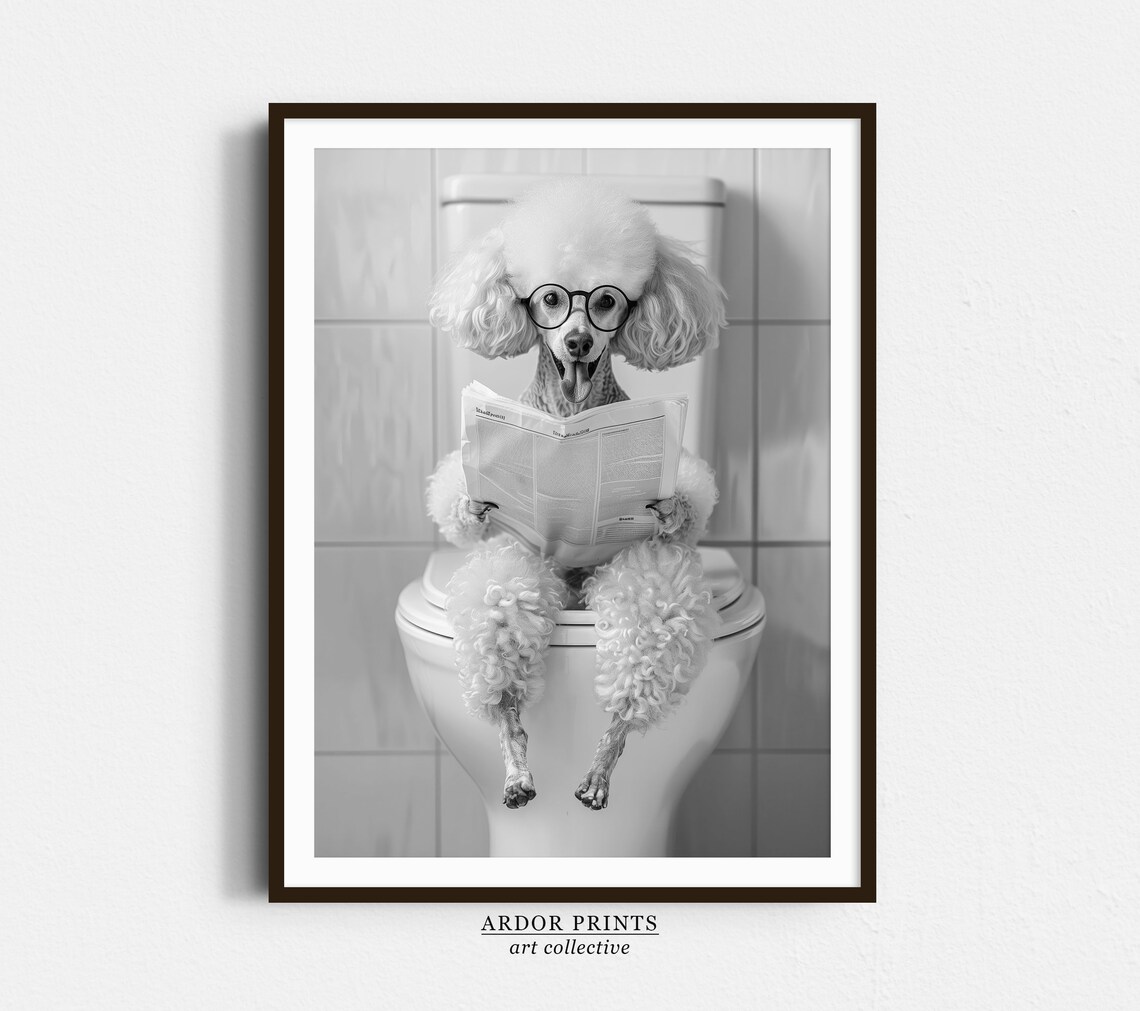 Poodle Sitting On Toilet, Funny Dog Bathroom Poster