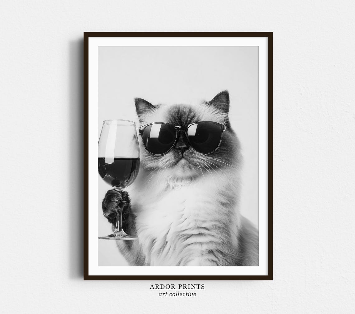 Himalayan Cat With Sunglasses Holding Wine Glass Funny Poster