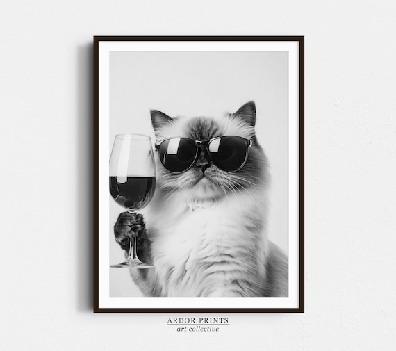 Himalayan Cat With Sunglasses Holding Wine Glass Funny Poster