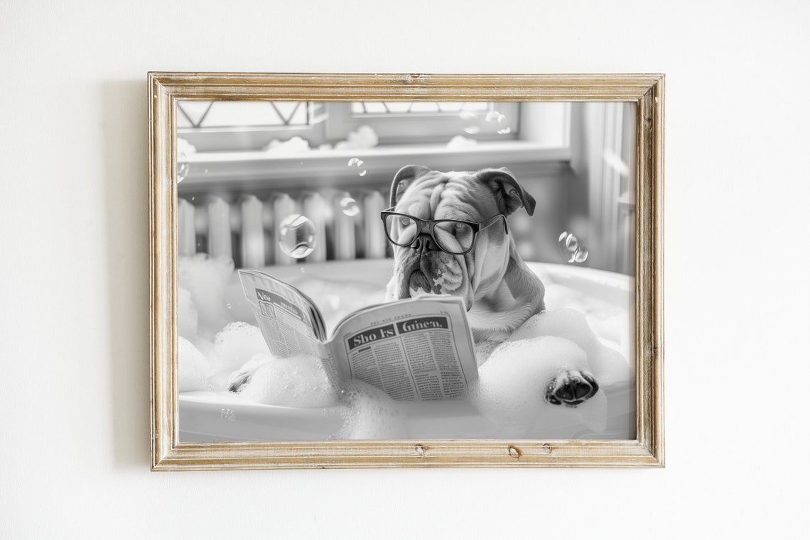 English Bulldog Reading Newspaper in Bubble Bath Funny Poster - Image 3