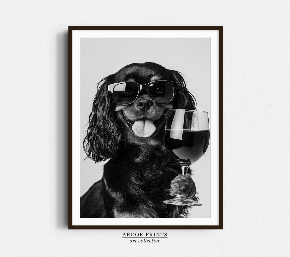 Cavalier Spaniel Drinking Wine Sunglasses Funny Dog Wall Art