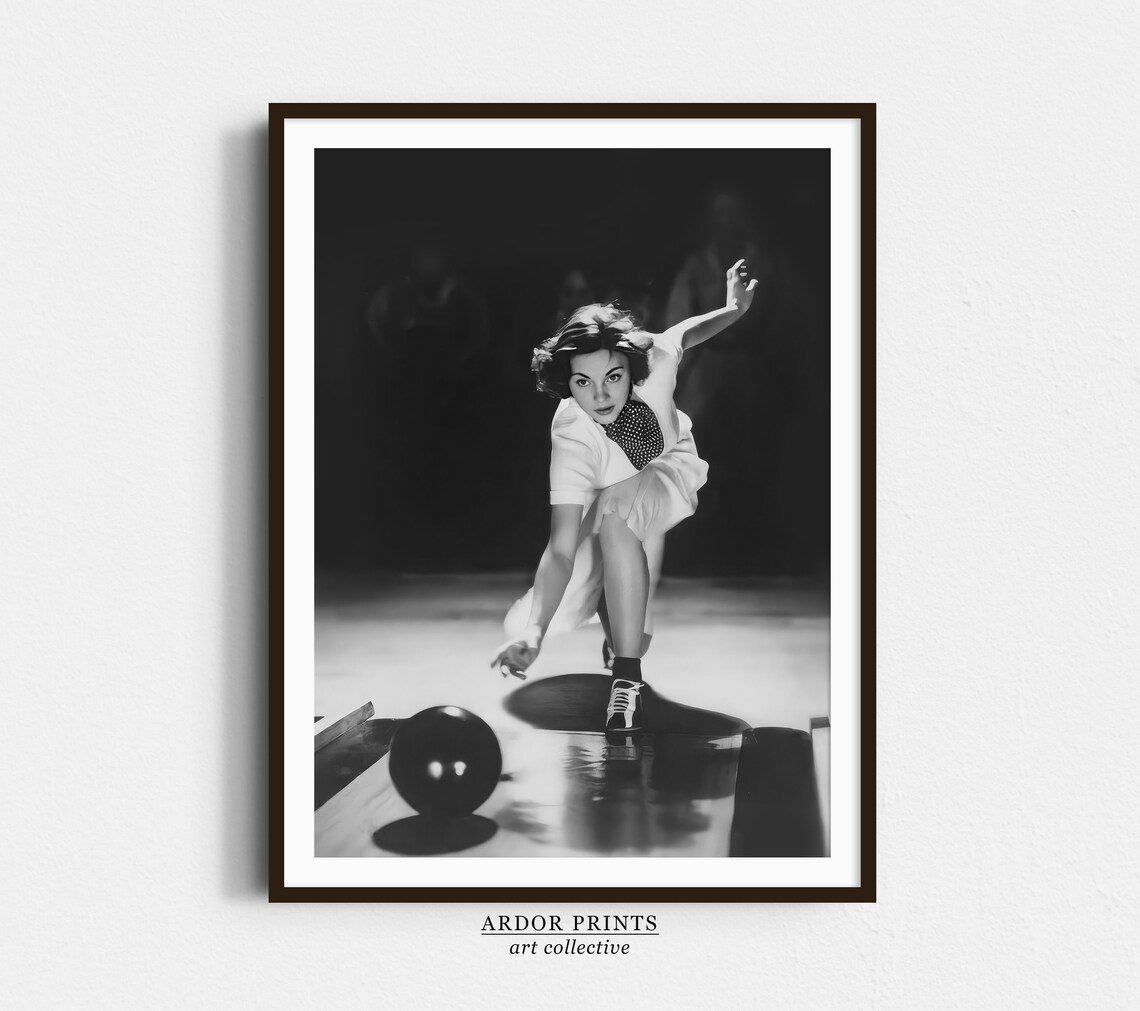 Vintage Woman Bowling Art Print, 1930s Black-White