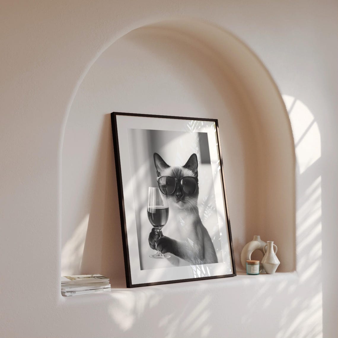 Siamese Cat With Sunglasses Holding Wine Glass Black White Poster - Image 4
