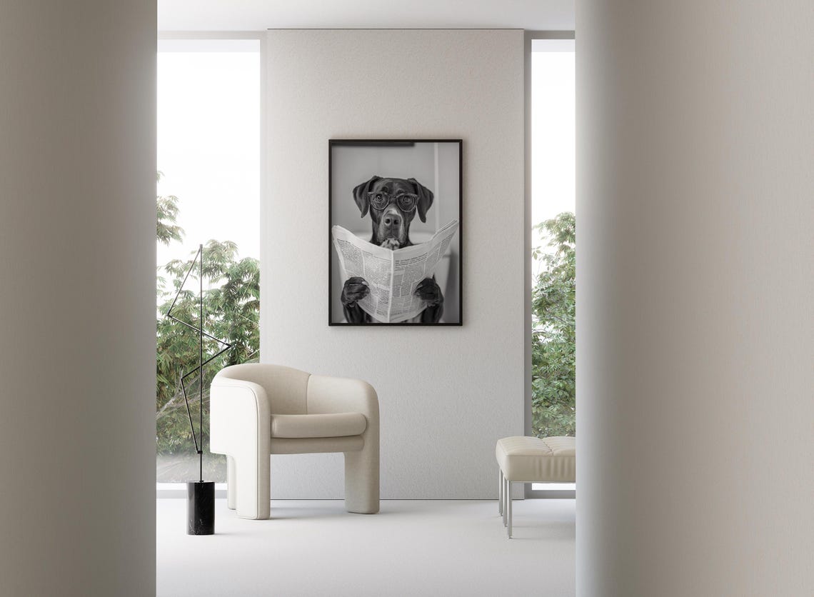 Dog With Glasses Reading Newspaper on Toilet Funny Black White Poster - Image 3
