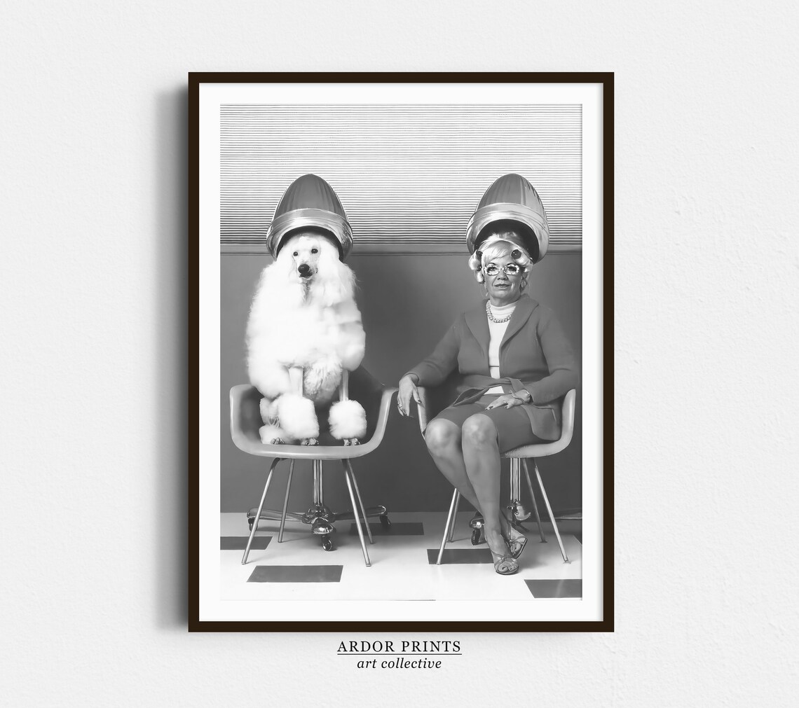 Woman and Poodle at Hair Salon, Vintage Dog Art Print