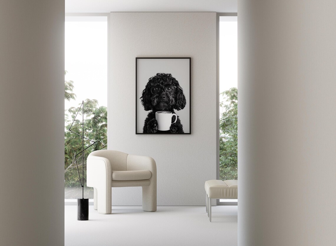 Black Cockapoo And Coffee Art Print, Black And White - Image 3