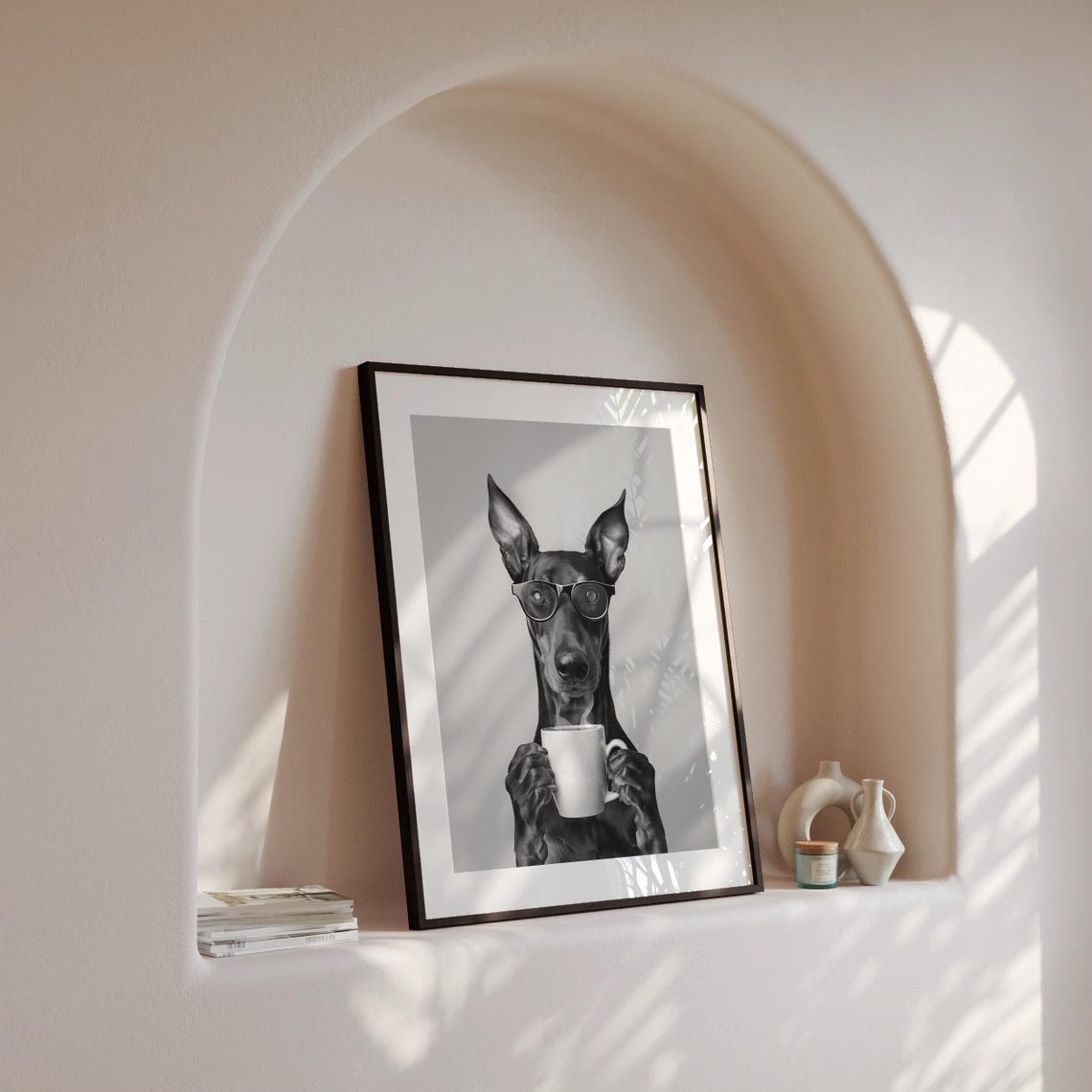 Doberman Pinscher Holding Hot Coffee Wearing Glasses Funny Dog Poster - Image 4
