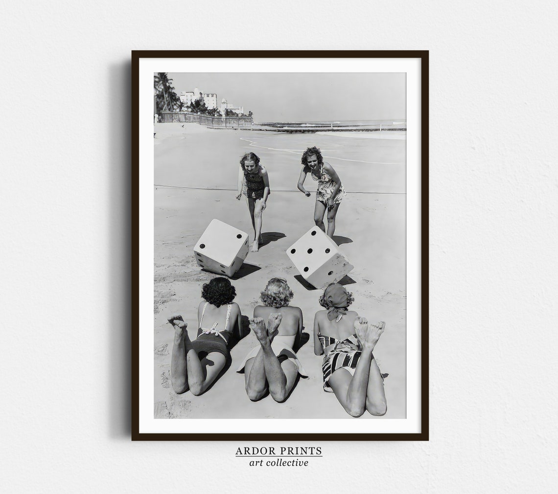 Women Playing Giant Dice On Beach 1940s Swimwear Vintage Photo Poster