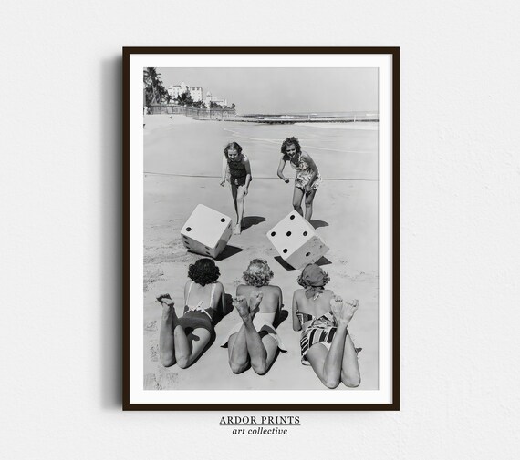 Women Playing Giant Dice On Beach 1940s Swimwear Vintage Photo Poster