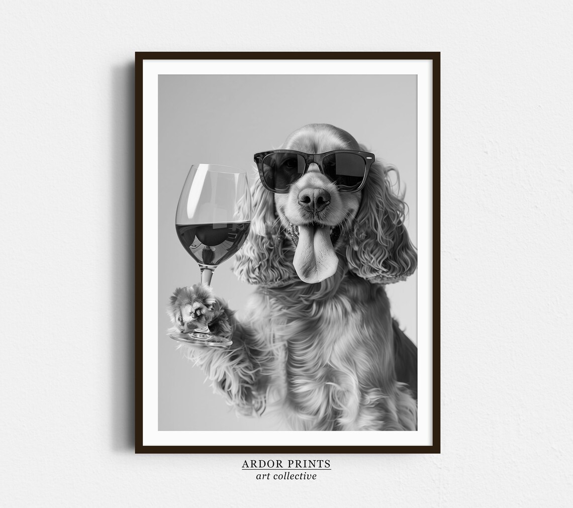 Cocker Spaniel and Wine Bar Cart Art Print