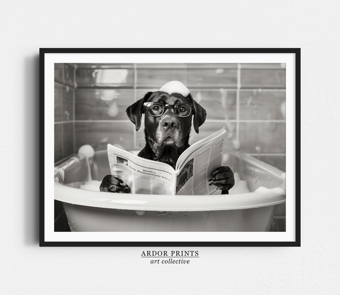 Labrador Reading Newspaper in Bubble Bath Black and White Poster