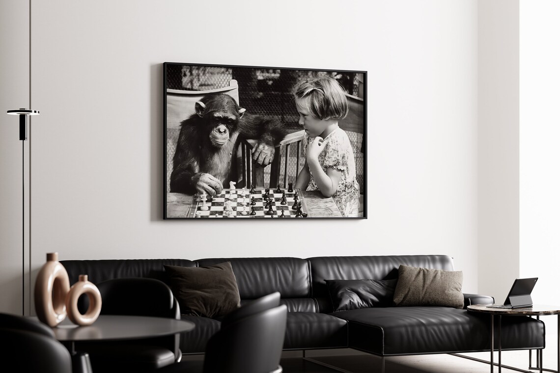 Chimpanzee Playing Chess With Little Girl Vintage Black And White Photo Poster - Image 3