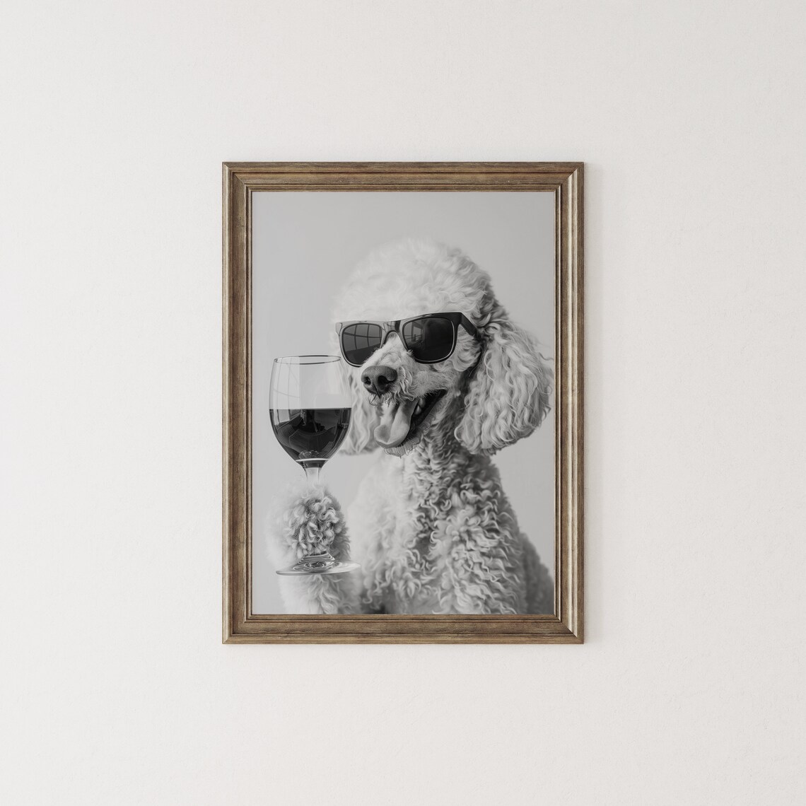 Poodle Holding Red Wine, Black and White Art Print - Image 2
