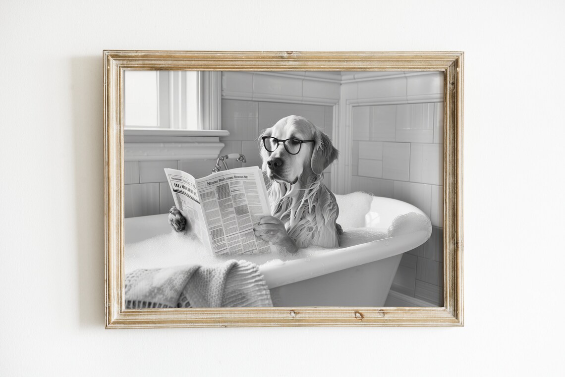 Golden Retriever in Bathtub, Funny Bathroom Art Print - Image 3
