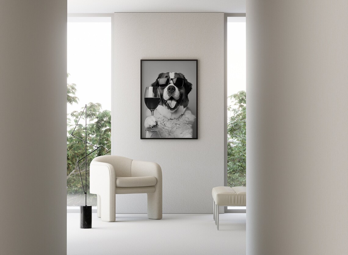 St Bernard And Wine Black And White Art Print - Image 3