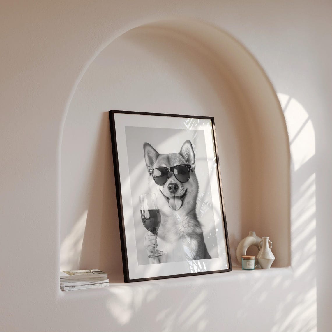 Shiba Inu With Sunglasses Holding Wine Glass Black White Poster - Image 4