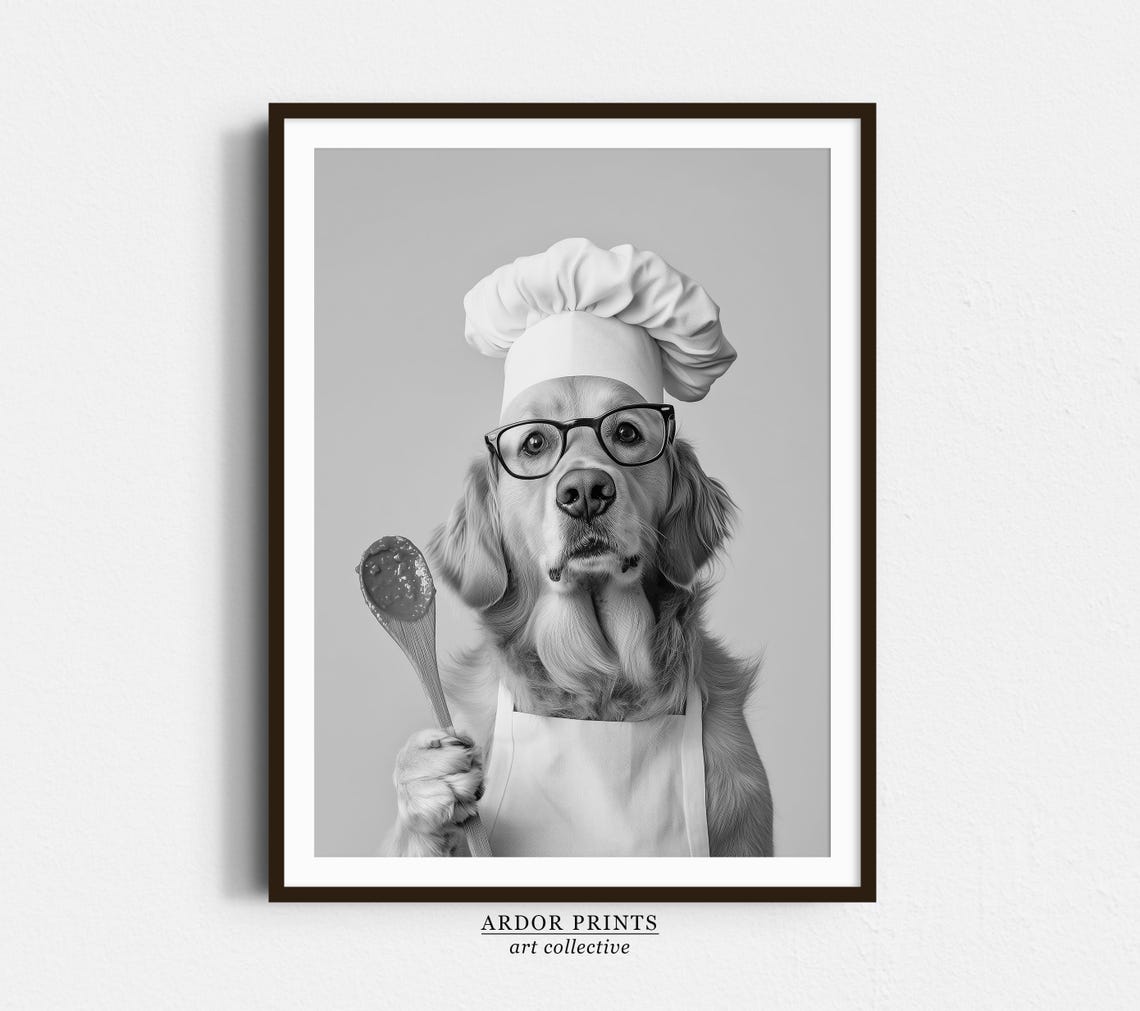 Golden Retriever Chef Hat Apron Holding Wooden Spoon Kitchen Poster